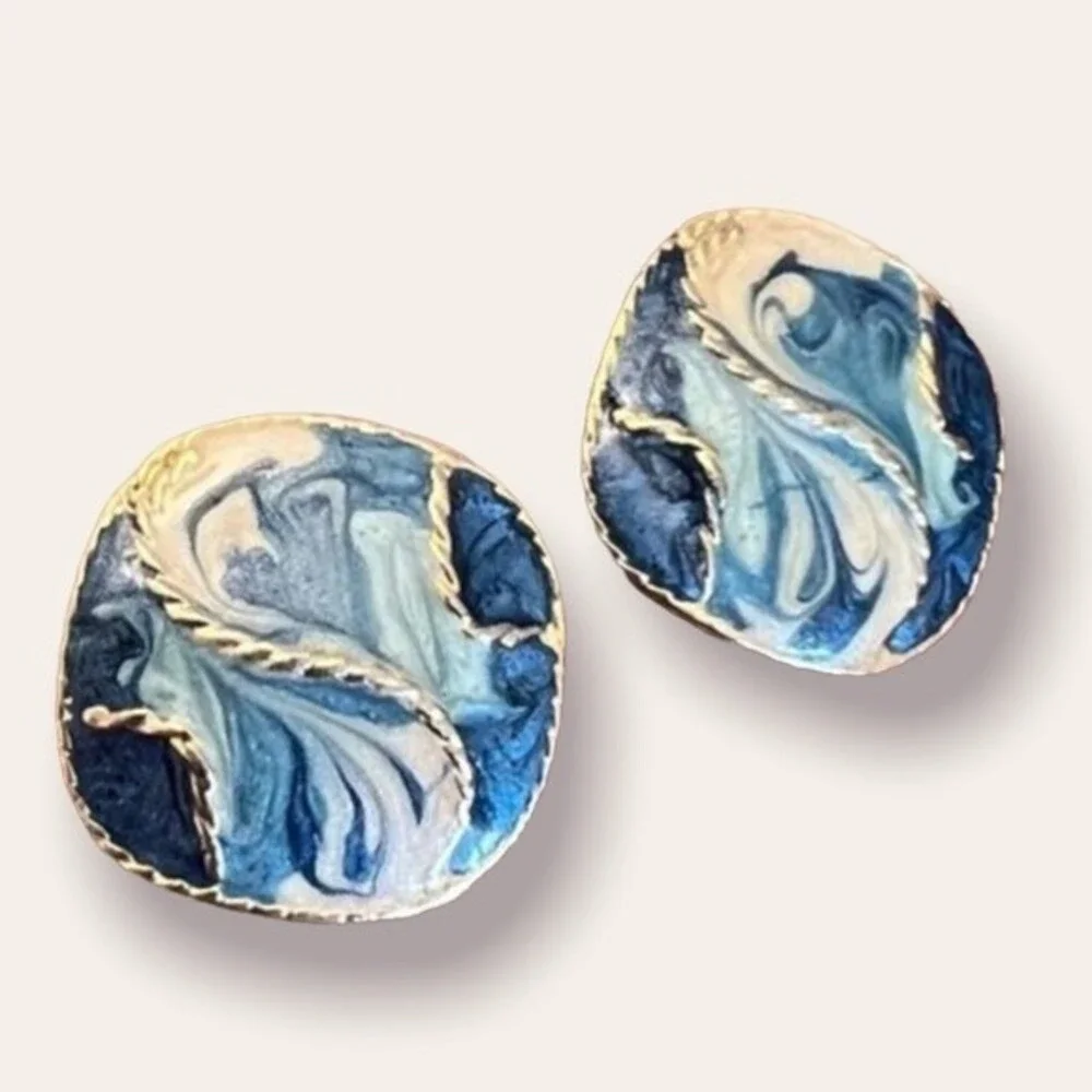 90s Vintage Button Earrings Oversized Artsy Blue Silver Swirl Studs